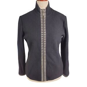 Wool Houndstooth Cartigan Zipper Quiet Luxury Med Preppy Minimalist Mockneck